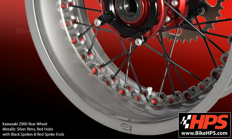 Kineo Tubeless Spoked Wheels for Kawasaki Z900 in Metallic Silver & Red